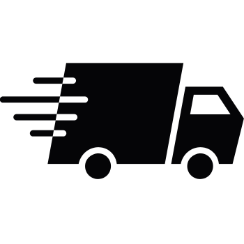 Black delivery truck icon with speed lines on a white background