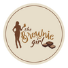 Circular logo with silhouette of a girl holding a brownie and text 'The Brownie Girl' on a beige background.